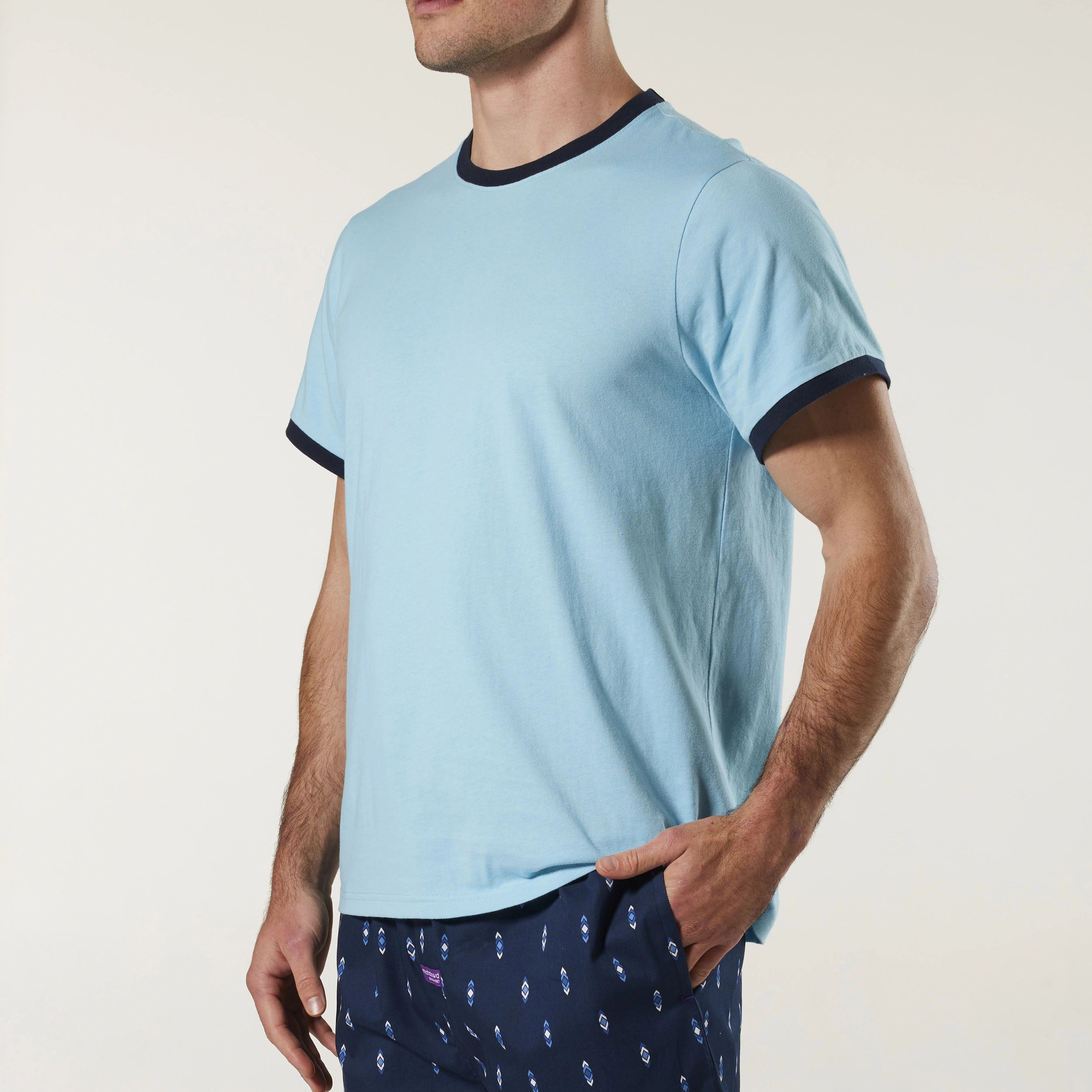 Men's Contrast Ringer Cotton Sleep Tee - Sky Blue - Image 2