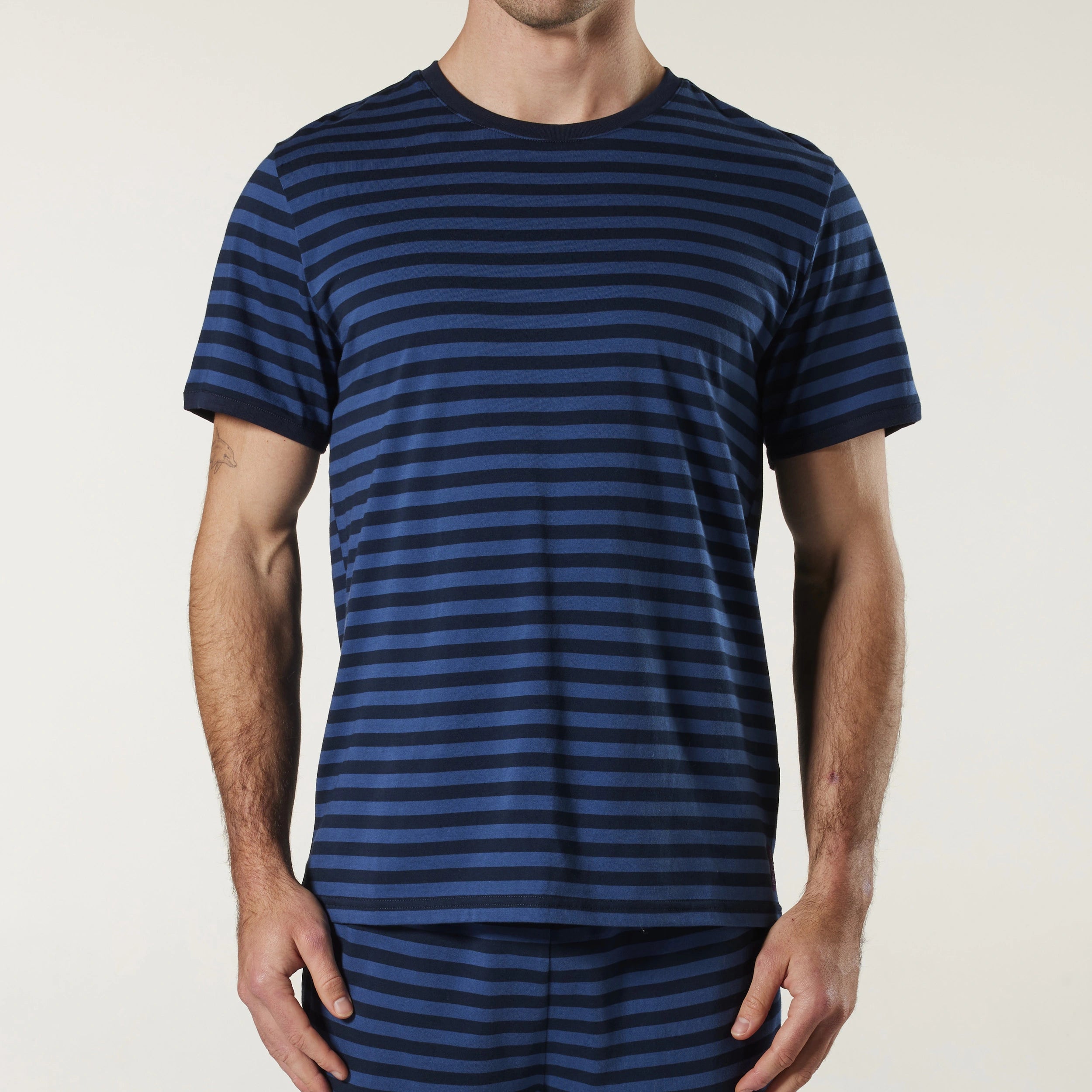 Men's Denim Stripe Cotton Knit Sleep Tee Model Image 1