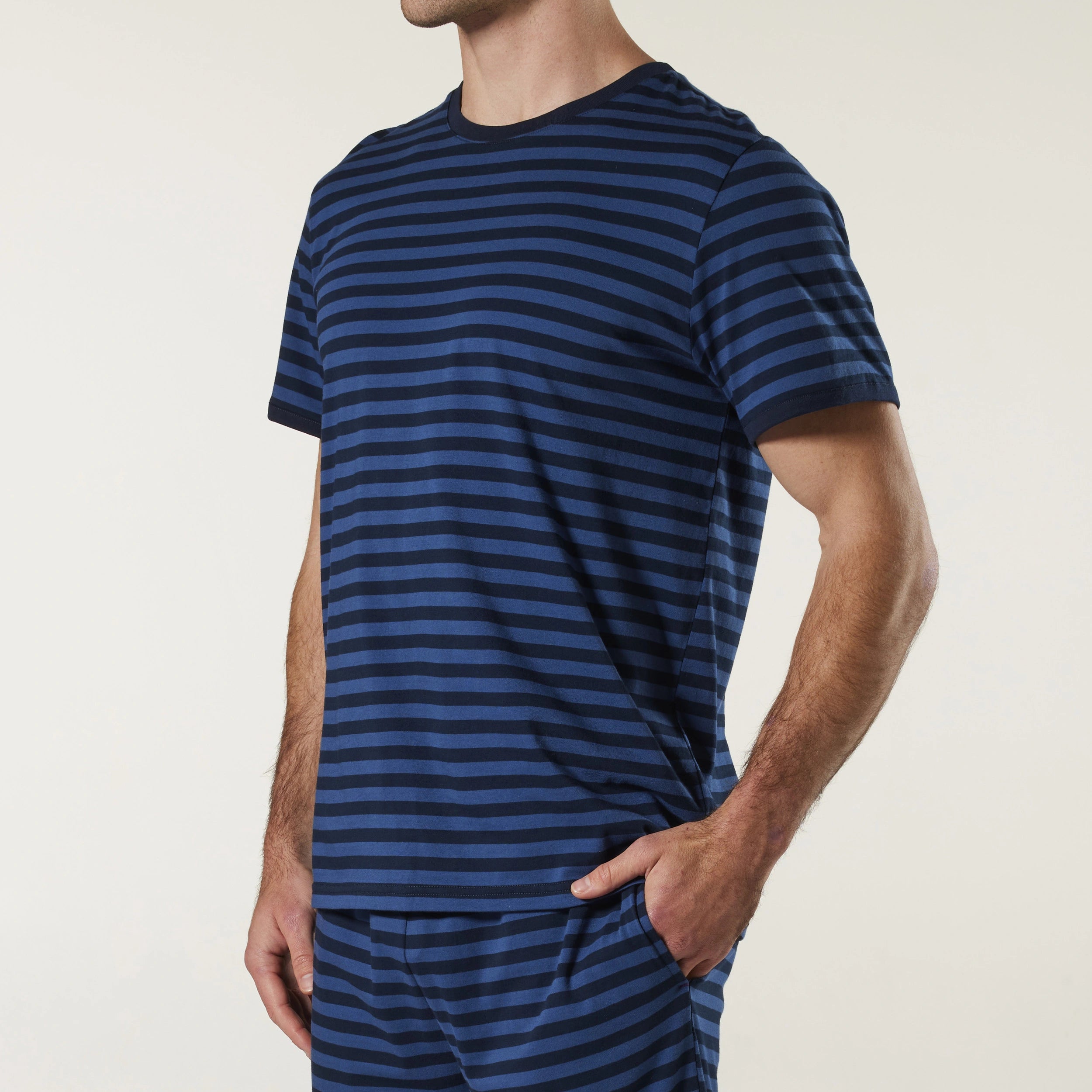 Men's Denim Stripe Cotton Knit Sleep Tee Model Image 2