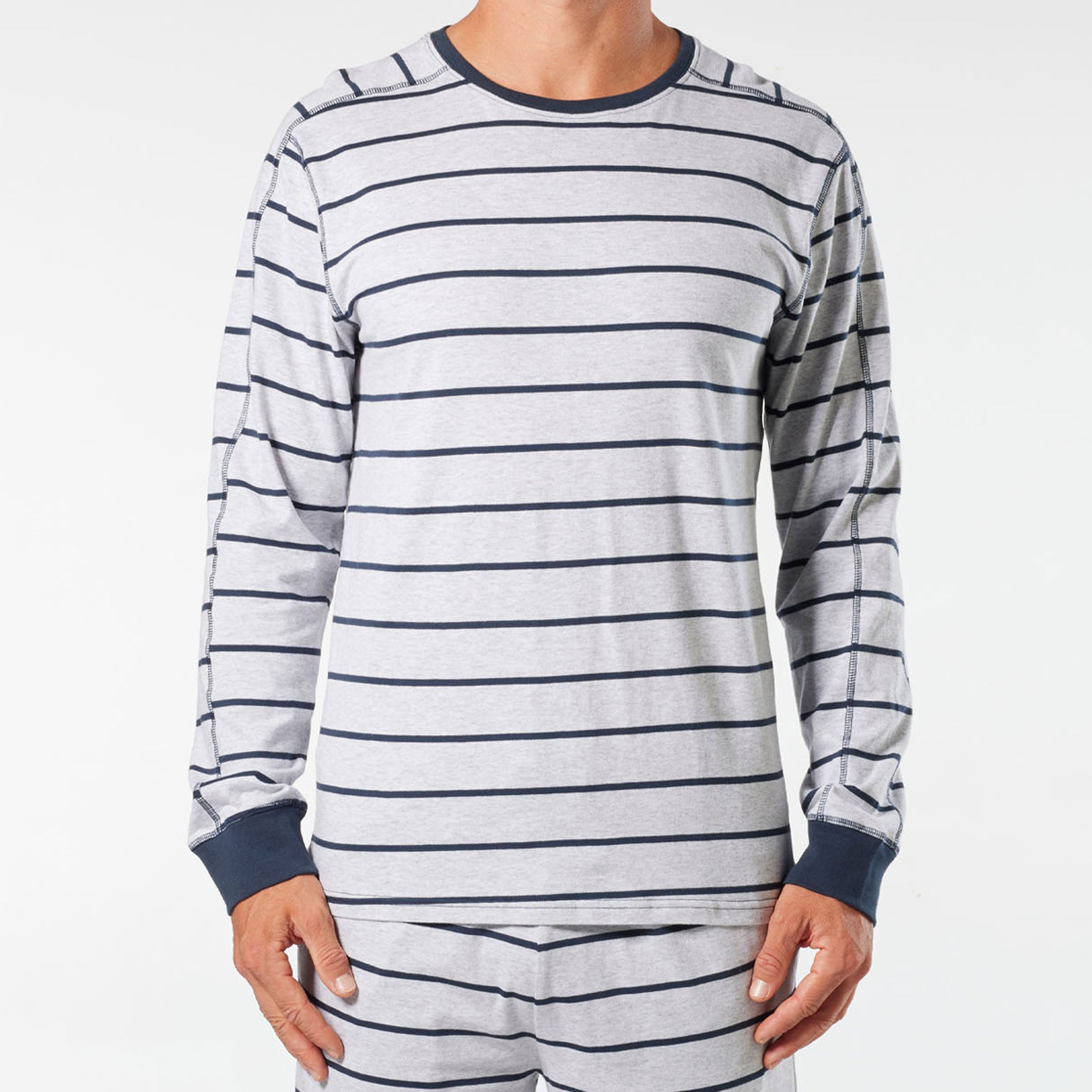 Men's Broad Stripe Cotton Long Sleeve Sleep Tee - Grey Marle - Image 1