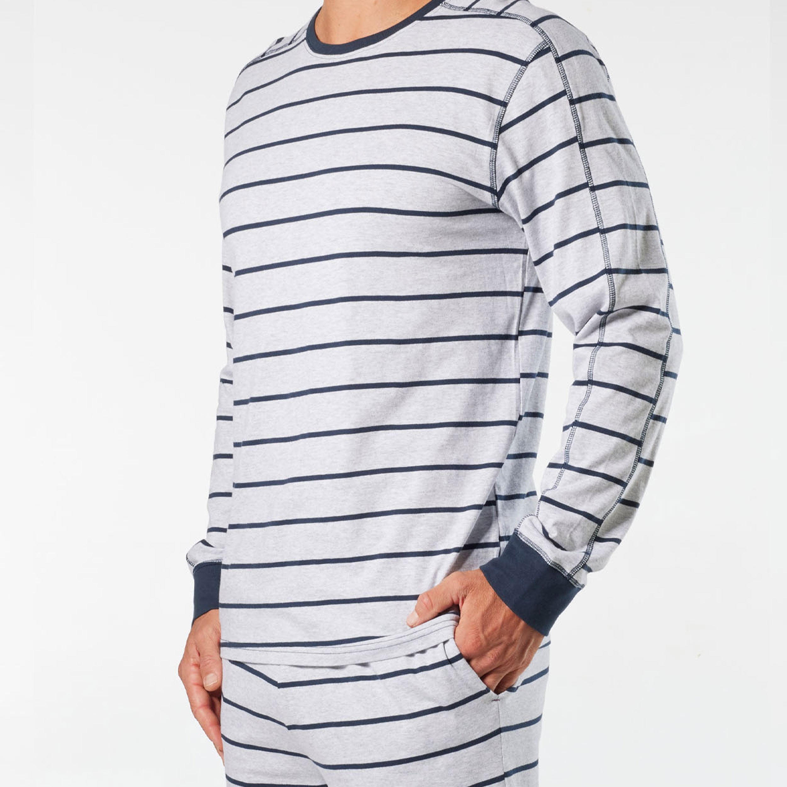 Men's Broad Stripe Cotton Long Sleeve Sleep Tee - Grey Marle - Image 2