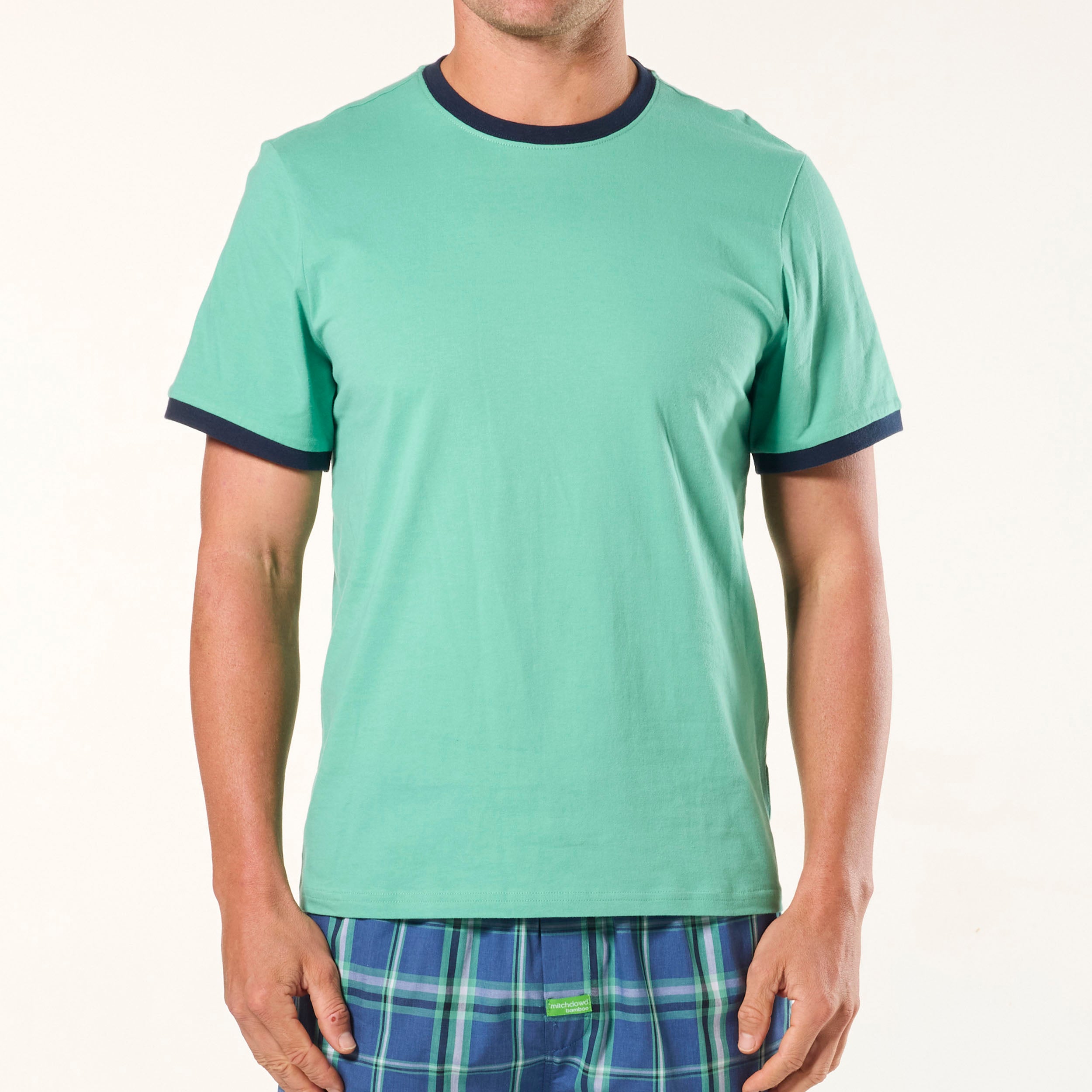 Men's Contrast Ringer Cotton Sleep Tee - Green - Image 1