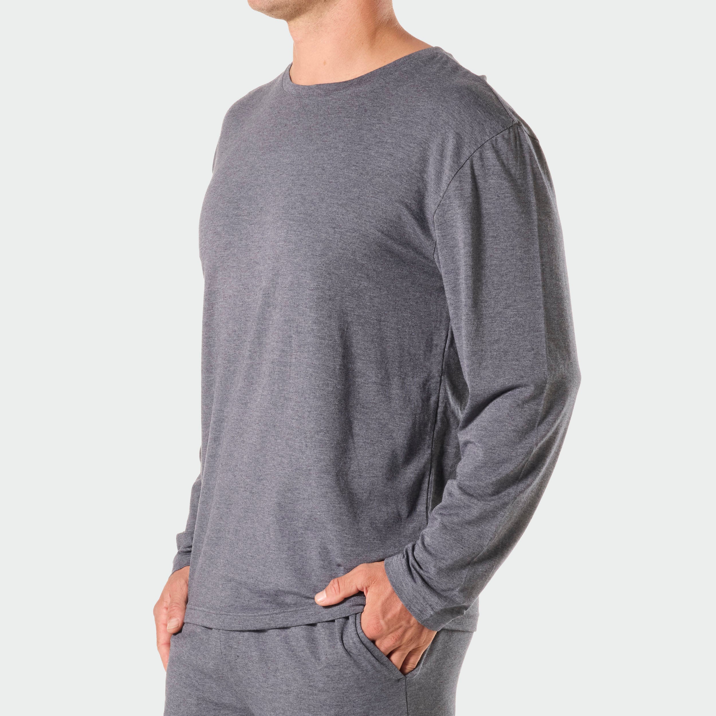 Mens Soft Bamboo Long Sleeve Sleep Tee - Grey Marle - Image 2