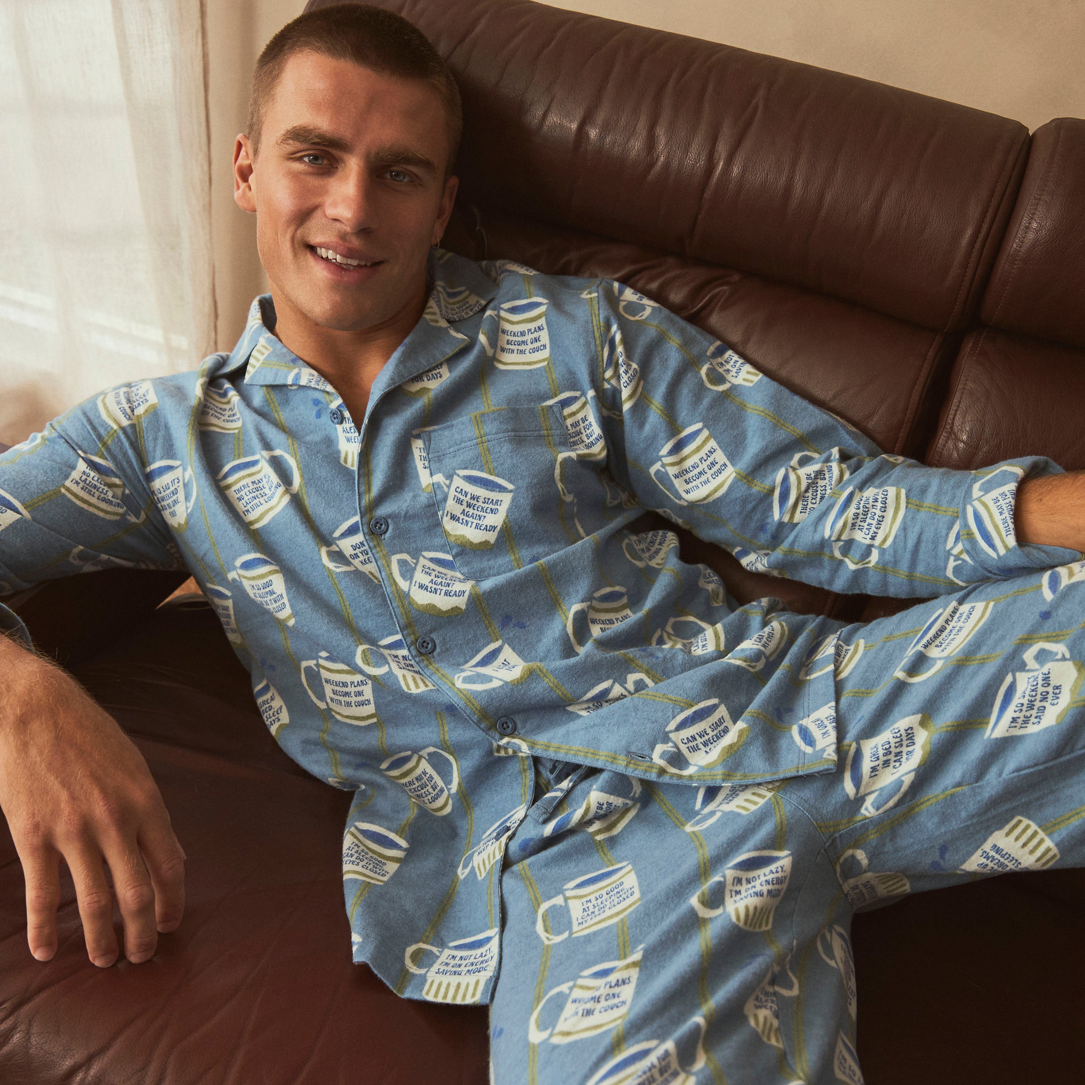 Mens Cuppa Joe Flannel Pyjama Set - Blue