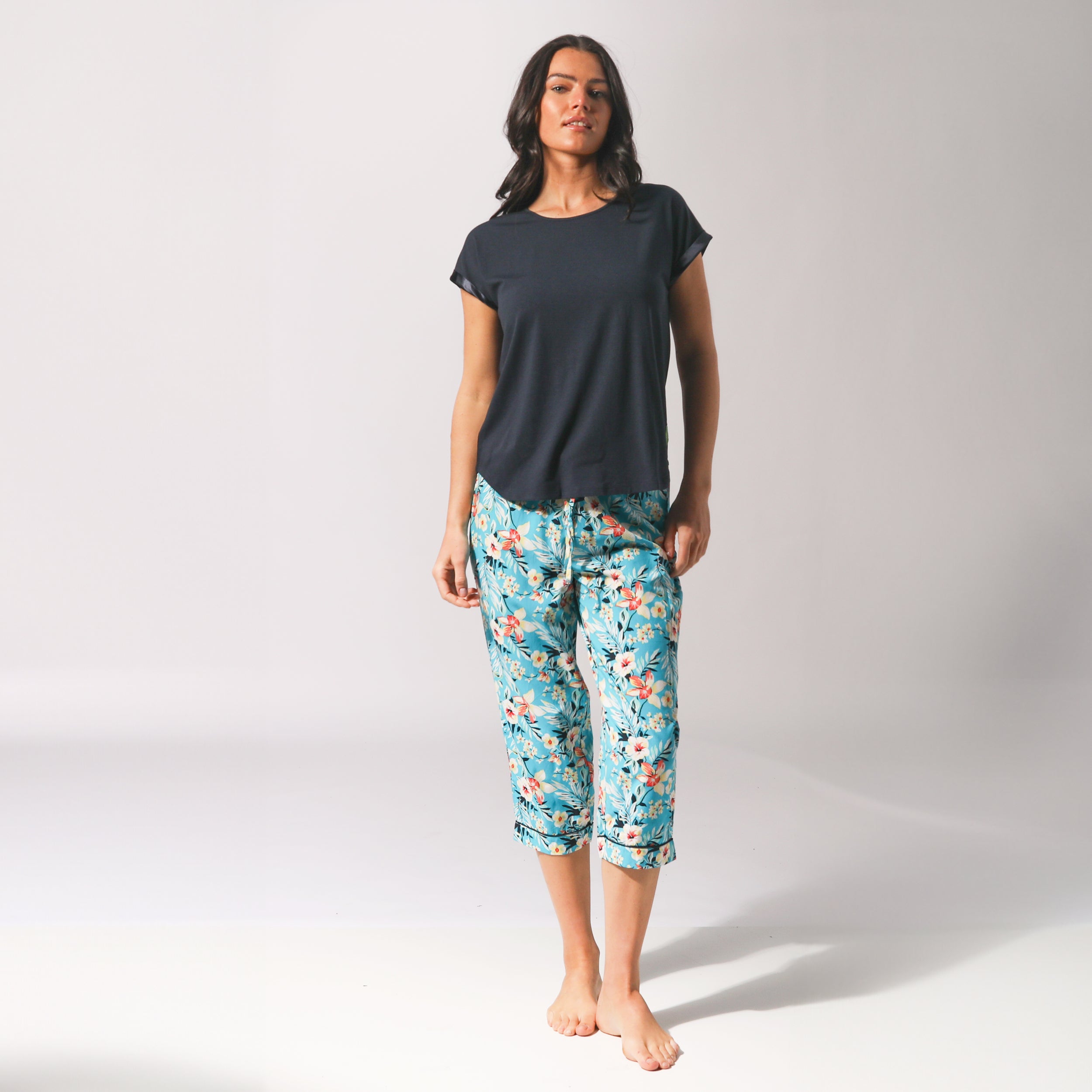 Women's Twilight Floral Woven Pant and Knit Tee Pyjama Set - Blue - Image 1