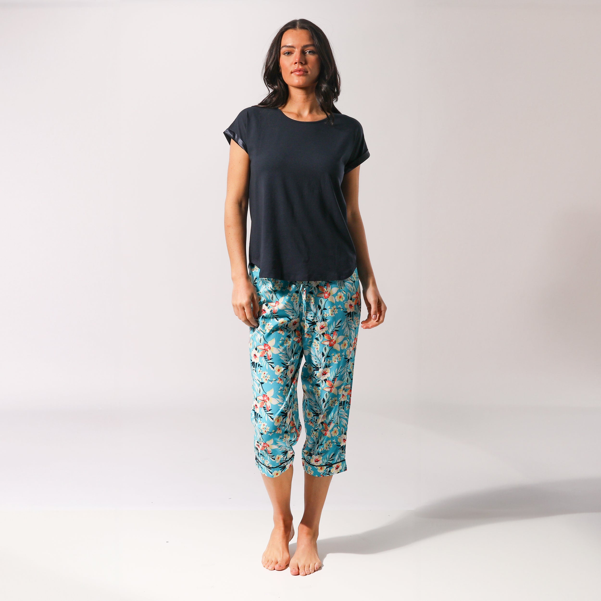 Women's Twilight Floral Woven Pant and Knit Tee Pyjama Set - Blue - Image 5