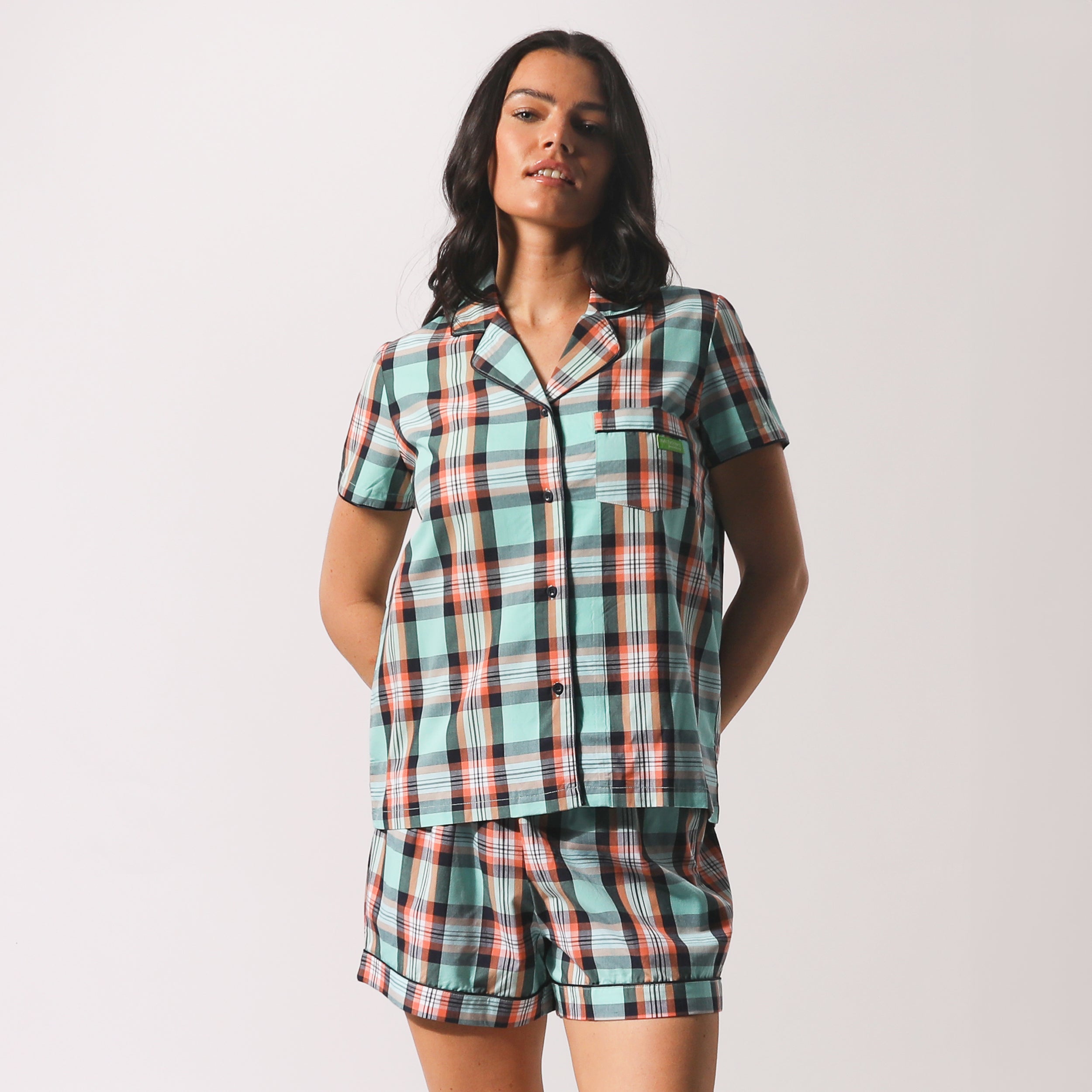 Women's Beachy Check Woven Shortie Pyjama Set - Sky Blue - Image 1