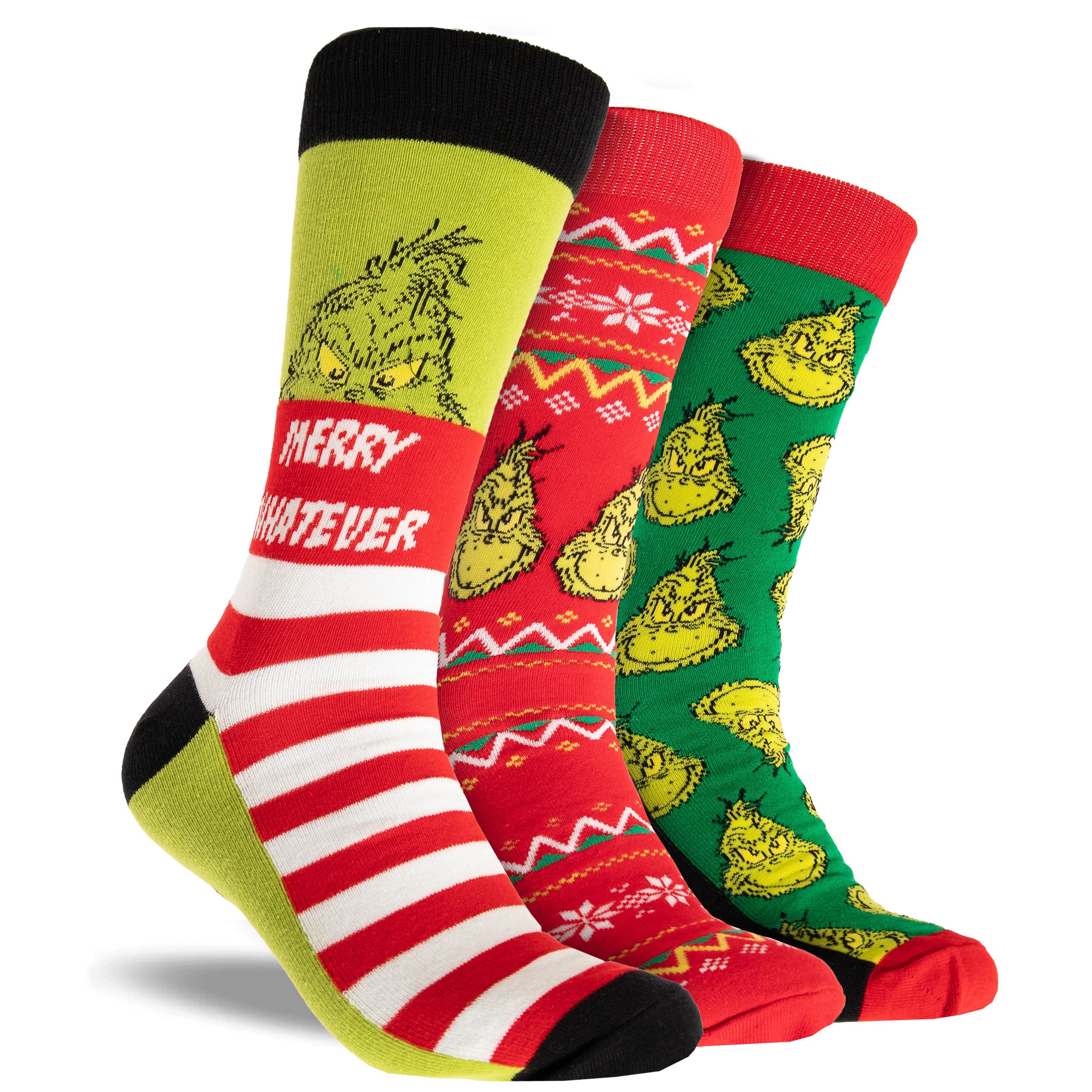 Men's Grinch Whatever Cotton Crew Socks 3 Pack Gift Box - Red & Green - Image 2