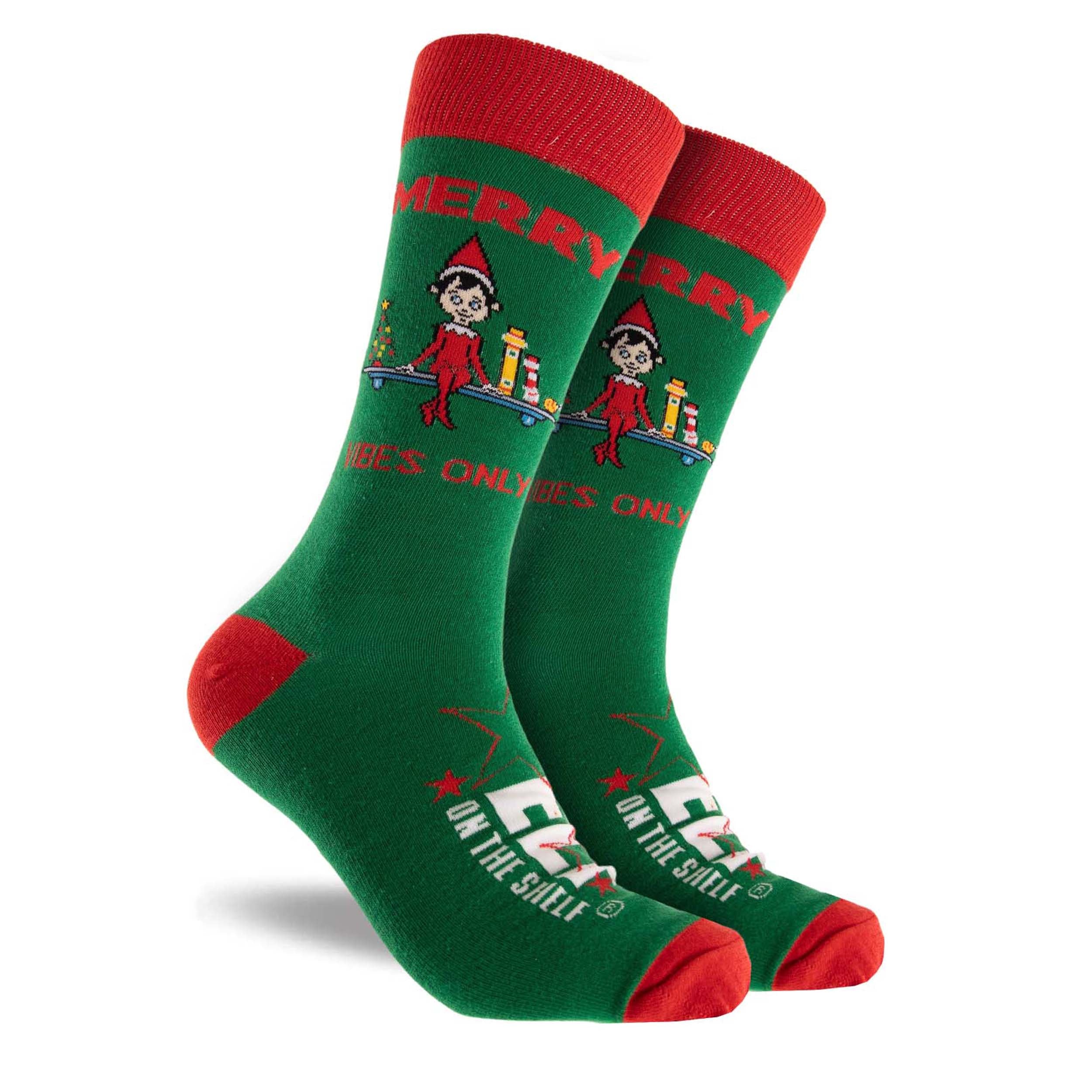 Men's Elf On The Shelf Vibes Only Christmas Cotton Crew Socks - Green - Image 1