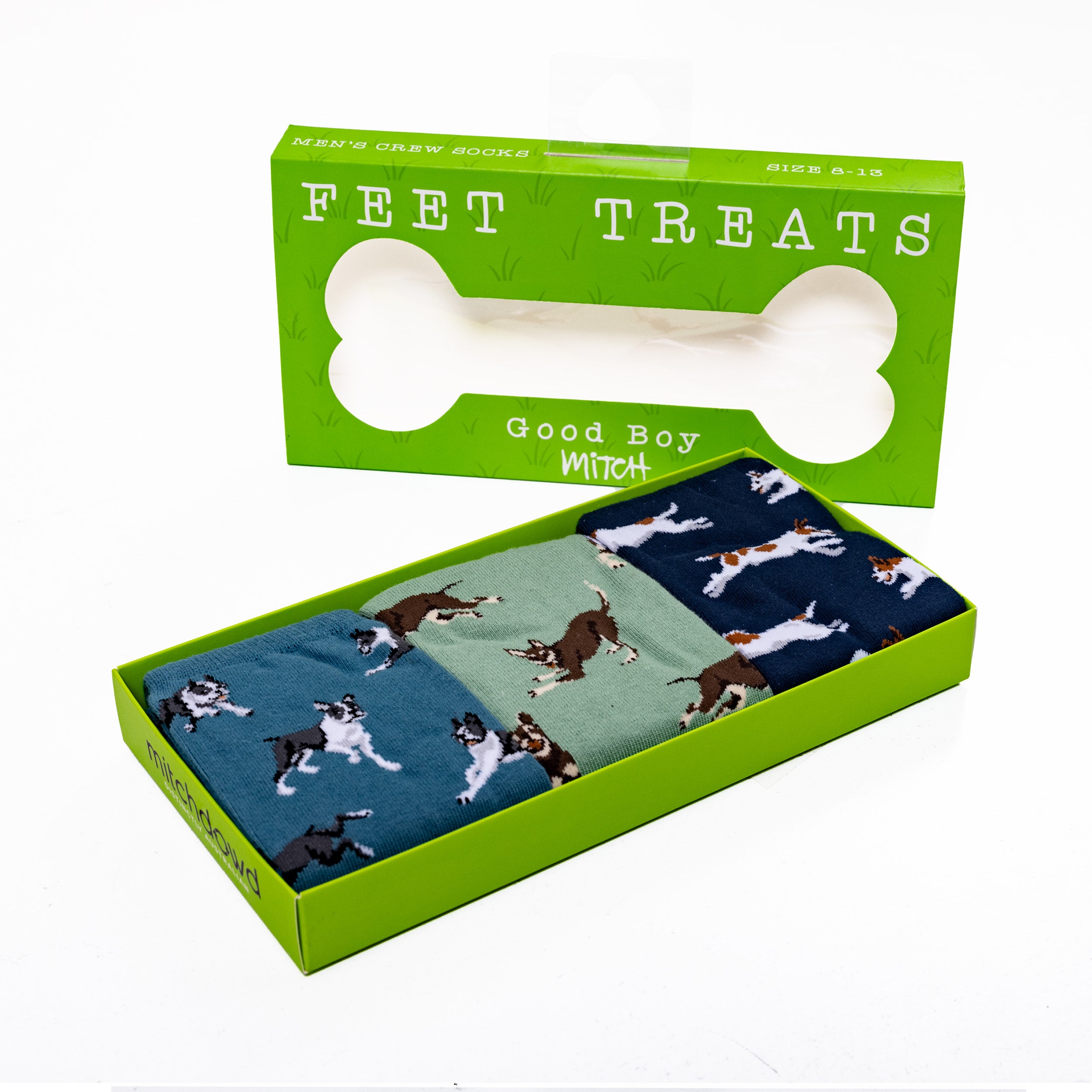 Men's Dog Feet Treats Cotton Crew Socks 3 Pack Gift Box - Blue & Greens - Image 1