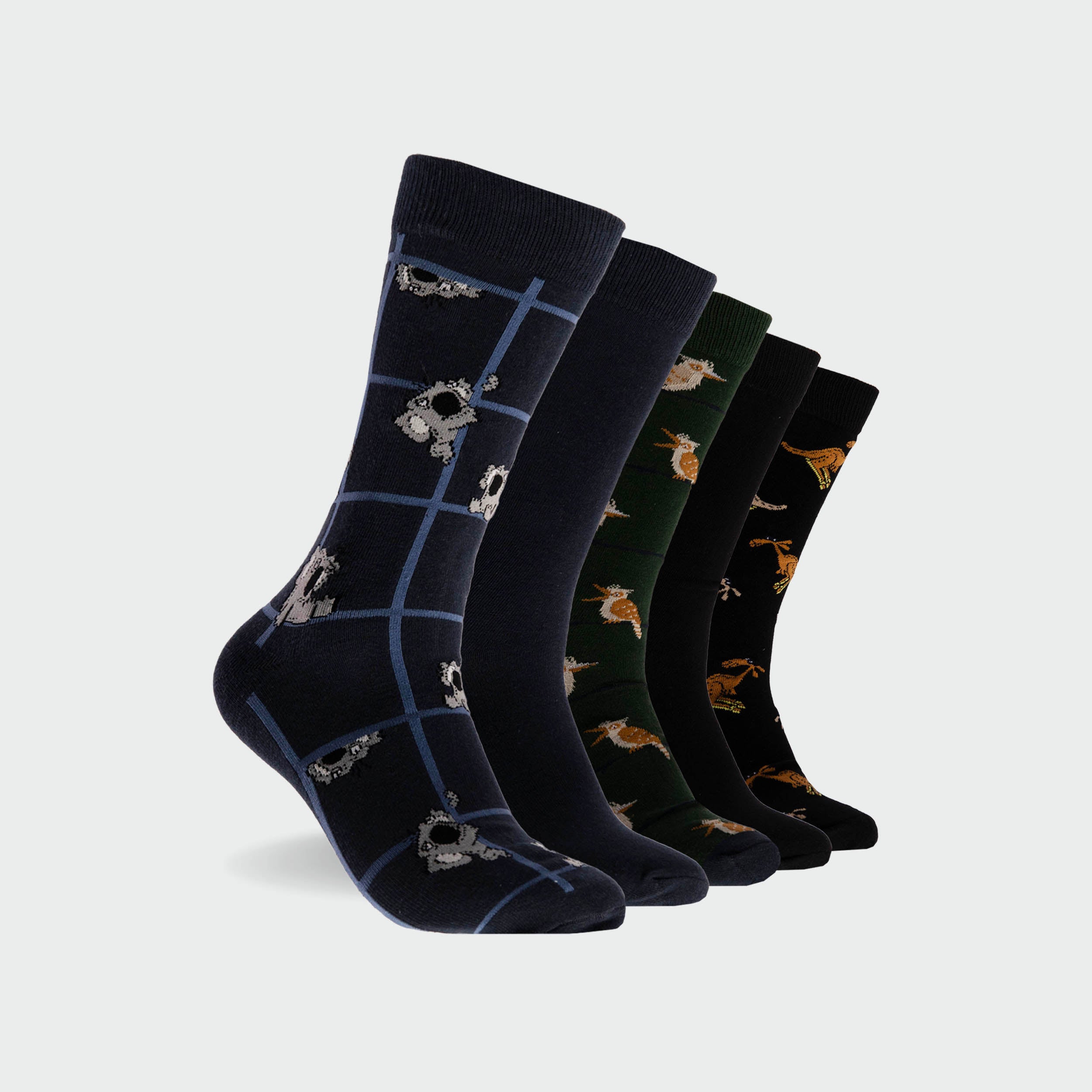 Men's Aussie Animals Cotton Crew Sock 5 Pack - Black - Image 1