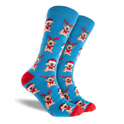 Men's Christmas Pugs Cotton Crew Socks - Blue