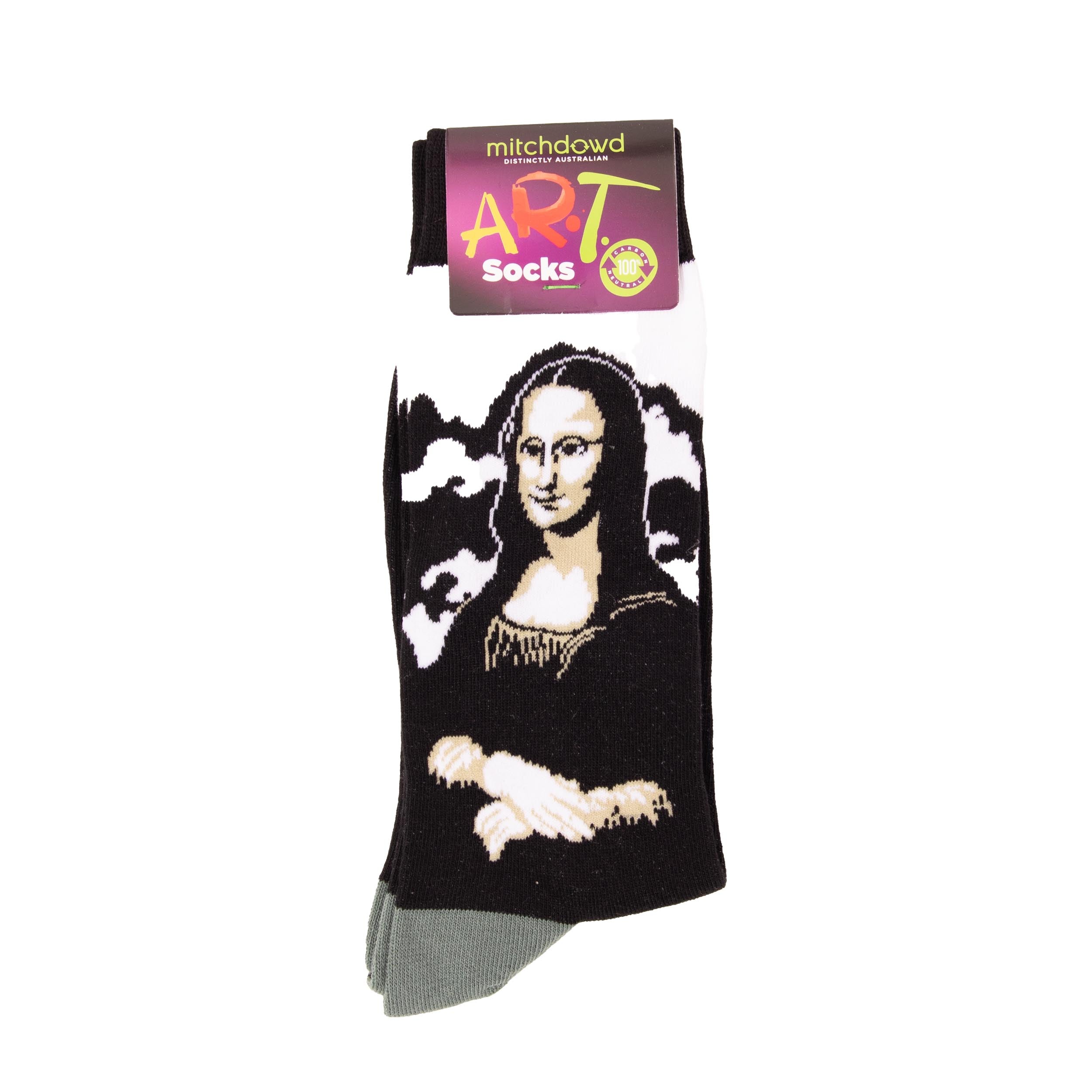 Men's Mona Lisa Art Cotton Crew Sock - Black & White - Image 2