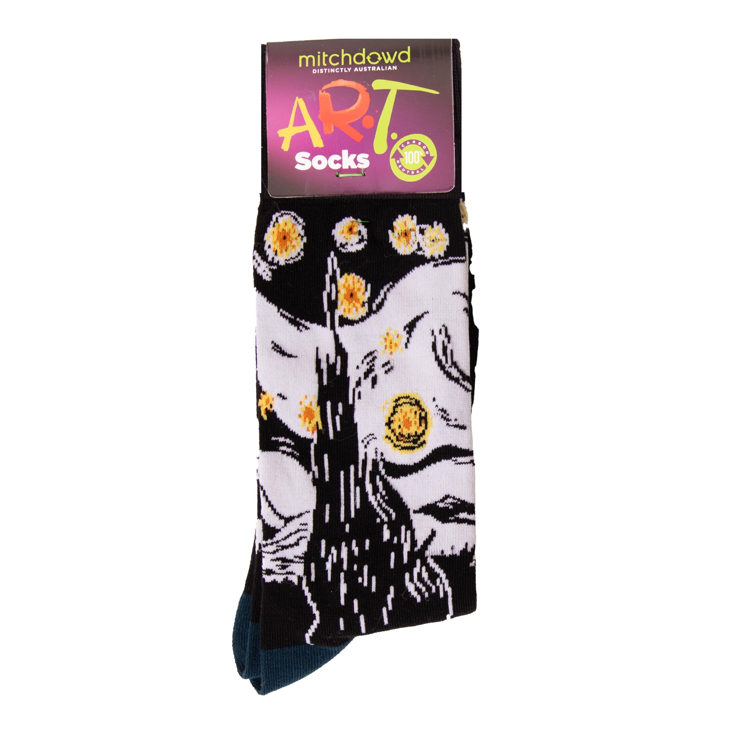 Men's Starry Night Art Cotton Crew Sock - Black & White - Image 2