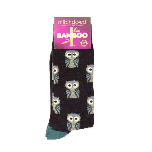 Men's Green Owl Bamboo Crew Socks - Black