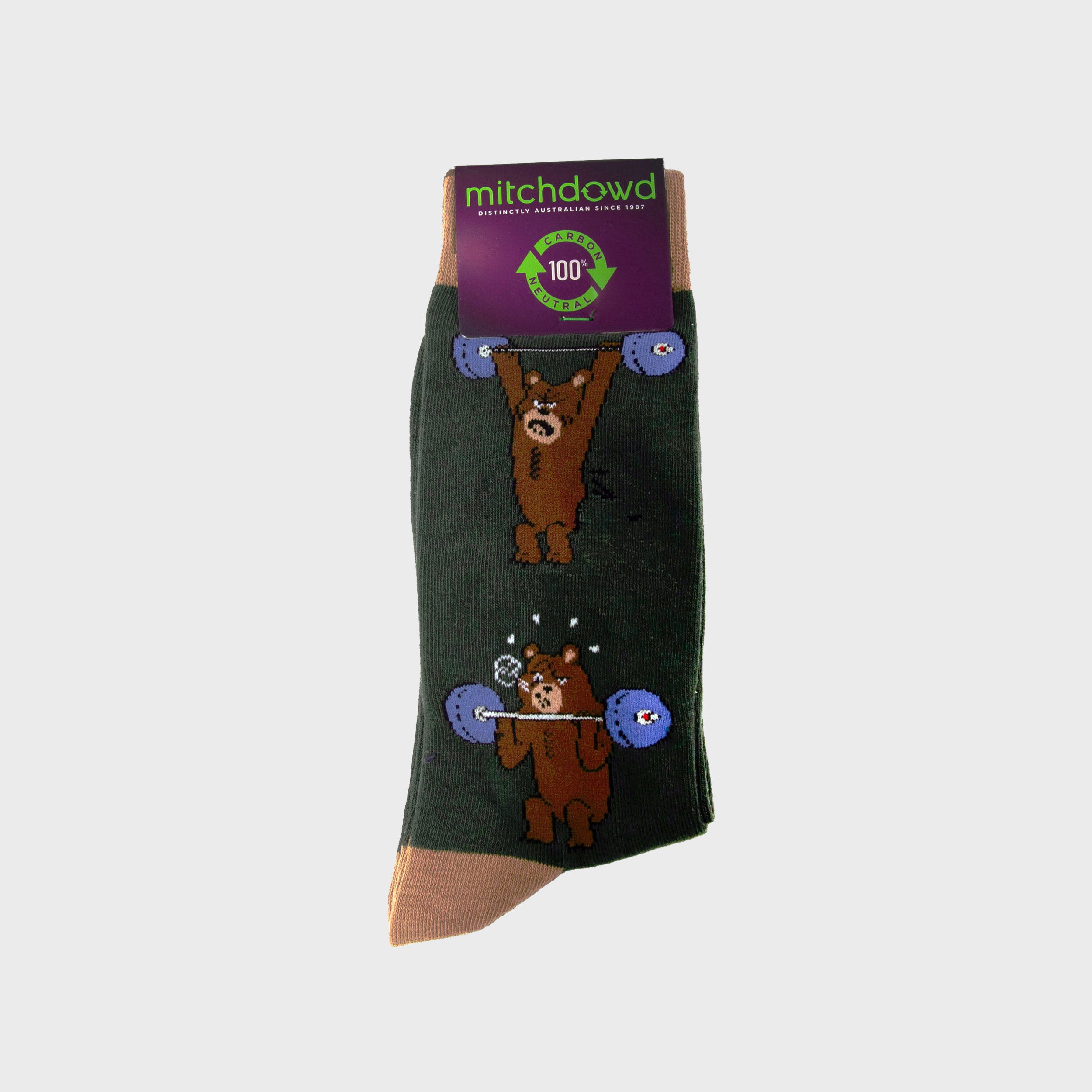 Mens Bear Pump Cotton Crew Socks - Green - Image 1