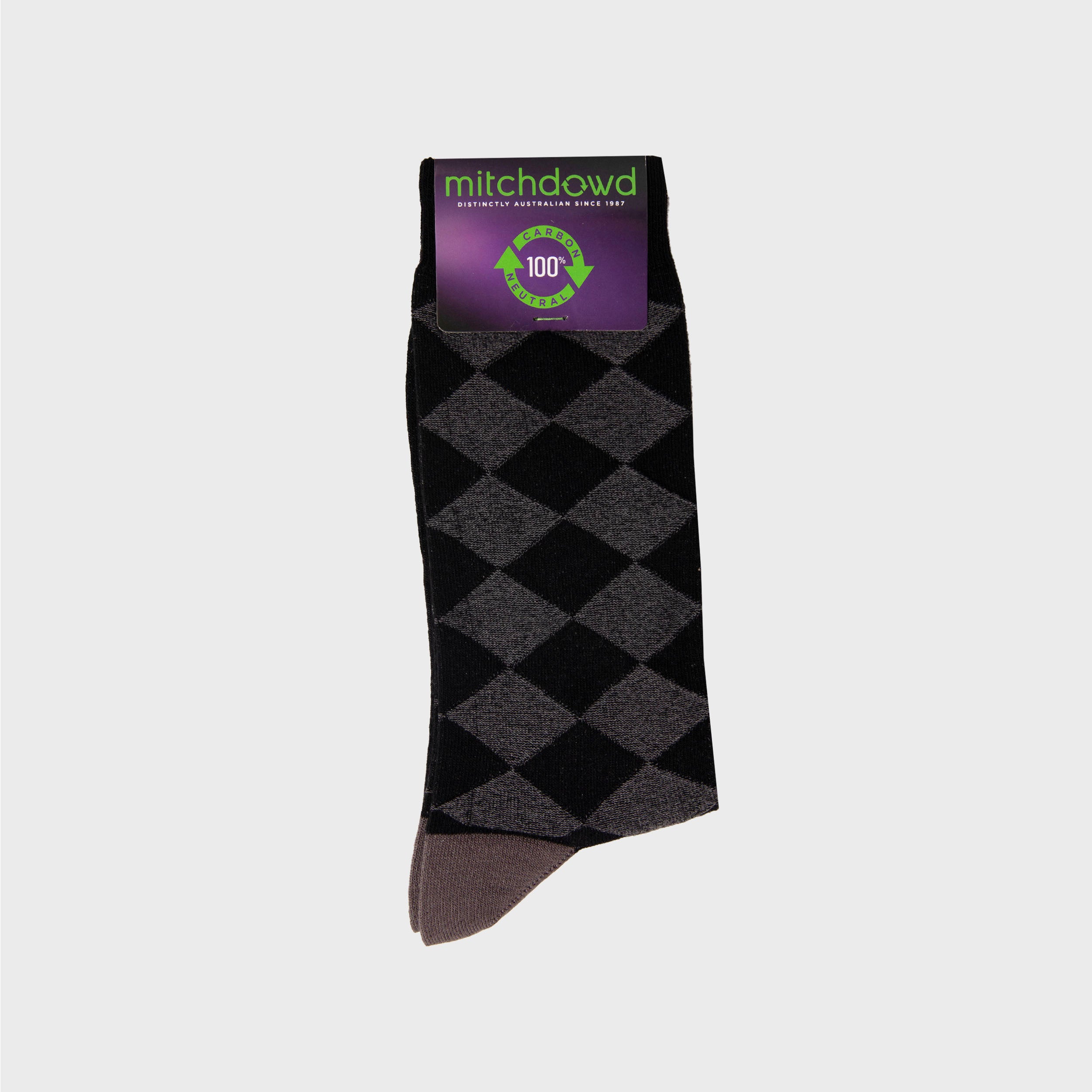 Mens Argyle Cotton Crew Socks - Black - Image 2