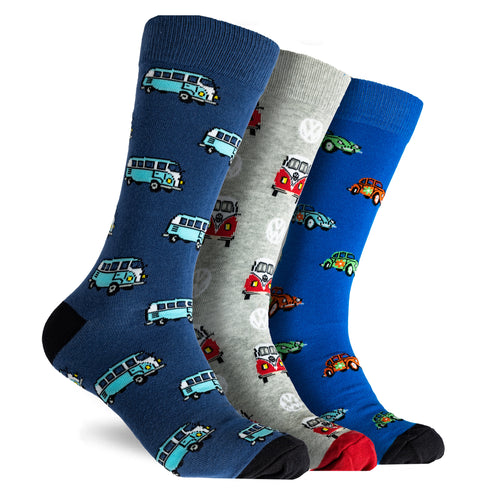 Men's Kombi & Bettle Volkswagen Cotton Crew Socks 3 Pack Gift Box - Blue & Grey