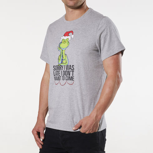 Men's Grinch Sorry I Was Late Cotton Knit Tee - Grey Marle