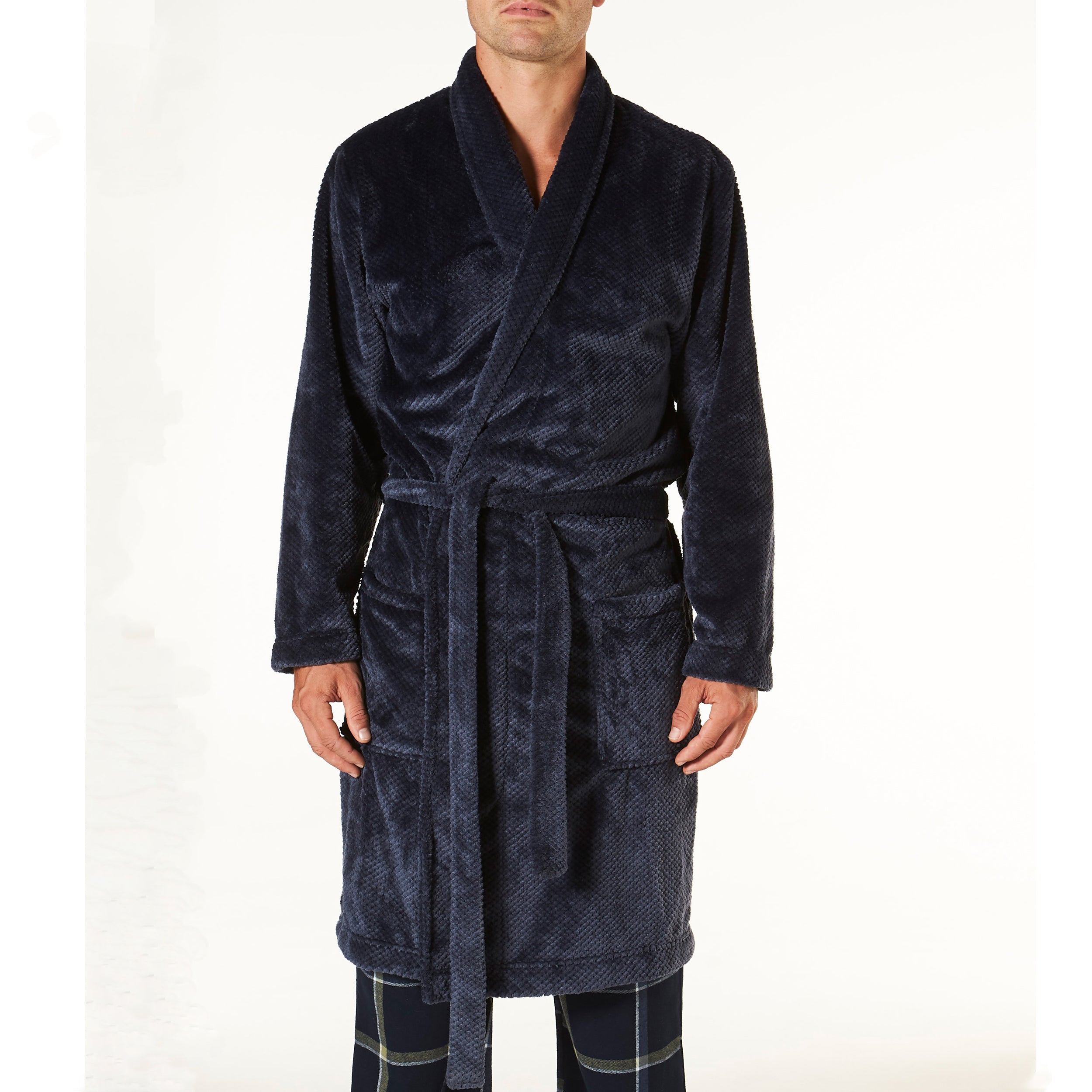 Men's Waffle Texture Coral Fleece Robe - Navy - Image 1