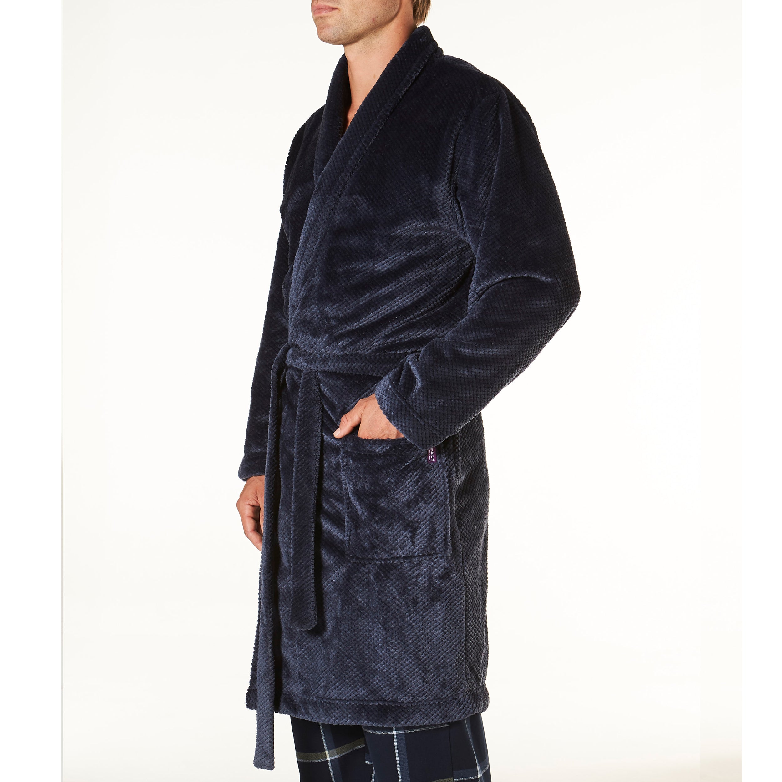 Men's Waffle Texture Coral Fleece Robe - Navy - Image 2