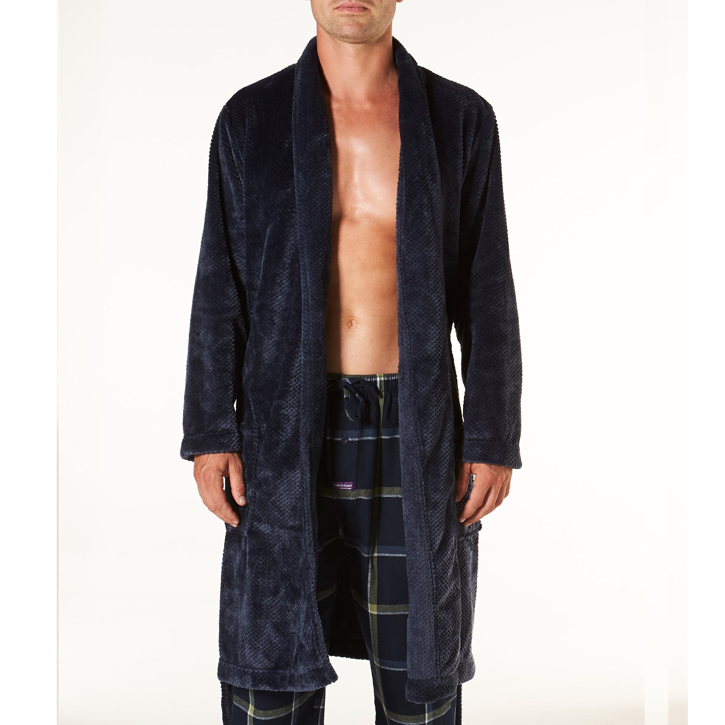 Men's Waffle Texture Coral Fleece Robe - Navy - Image 4