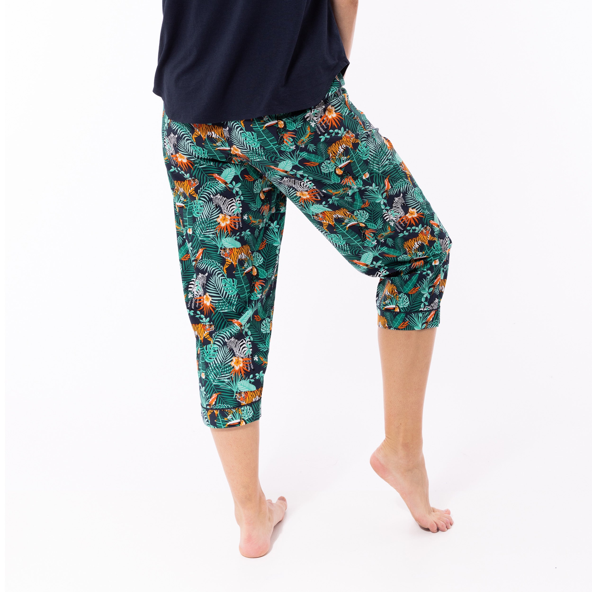 Women's Dark Jungle Woven Pant and Knit Tee Pyjama Set - Navy - Image 3