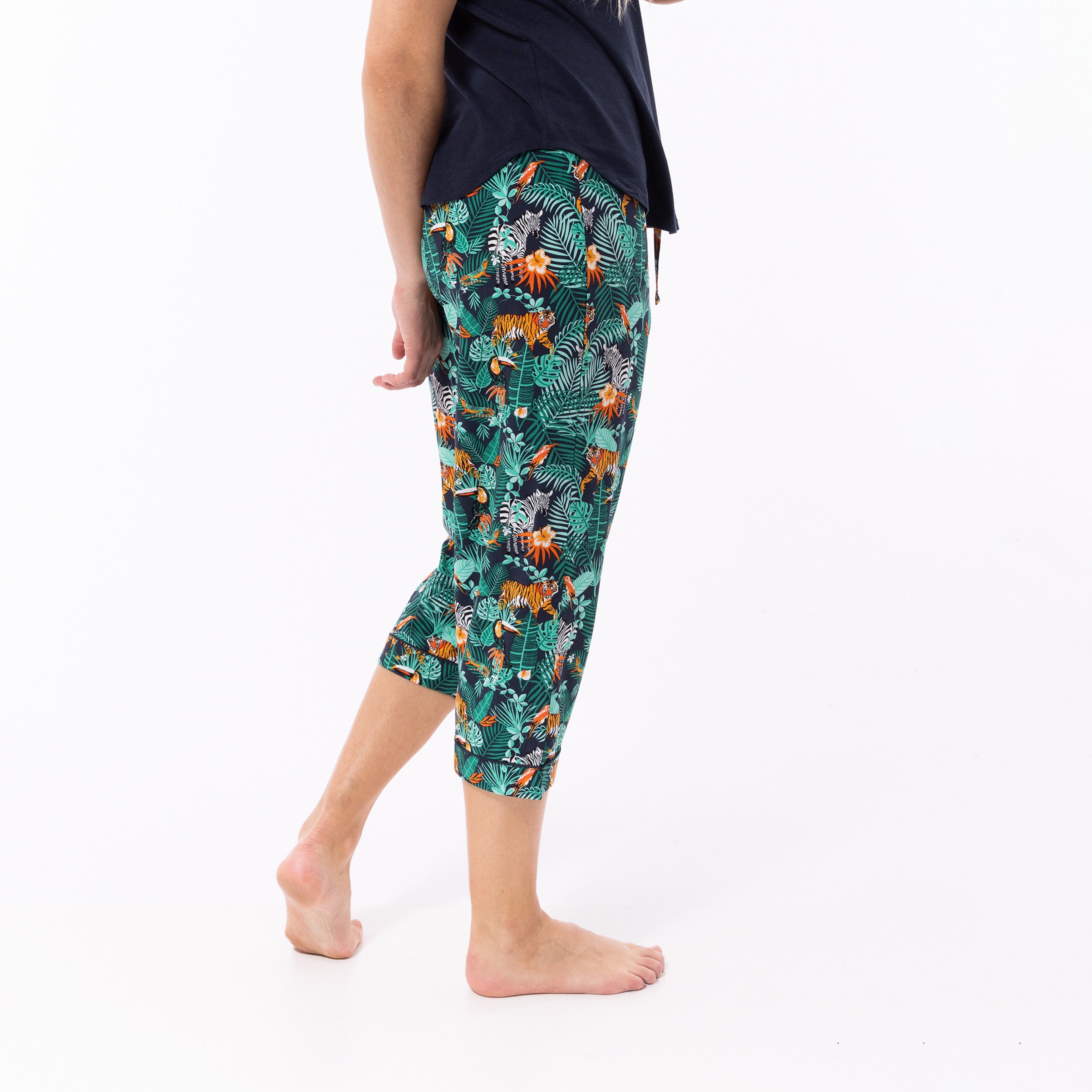 Women's Dark Jungle Woven Pant and Knit Tee Pyjama Set - Navy - Image 4