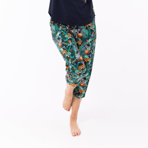 Women's Dark Jungle Woven Pant and Knit Tee Pyjama Set - Navy