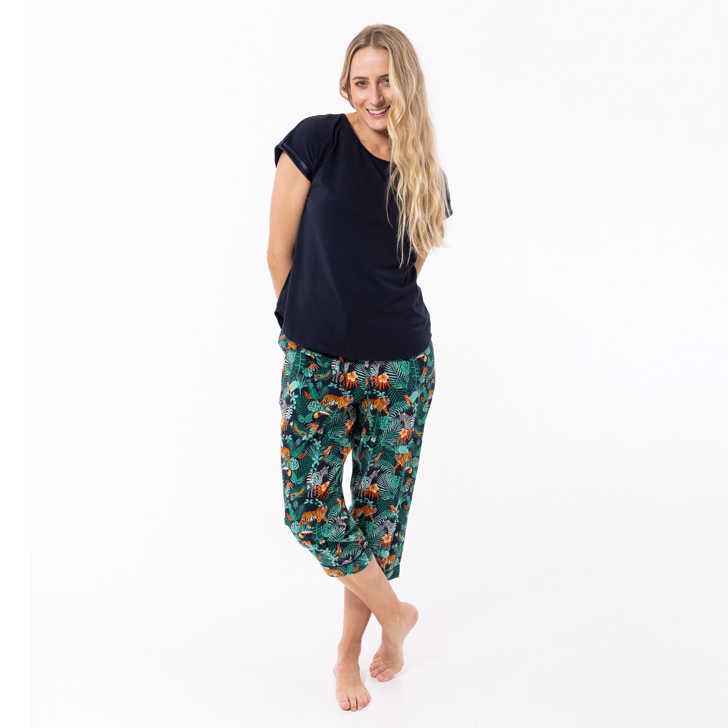 Women's Dark Jungle Woven Pant and Knit Tee Pyjama Set - Navy - Image 1