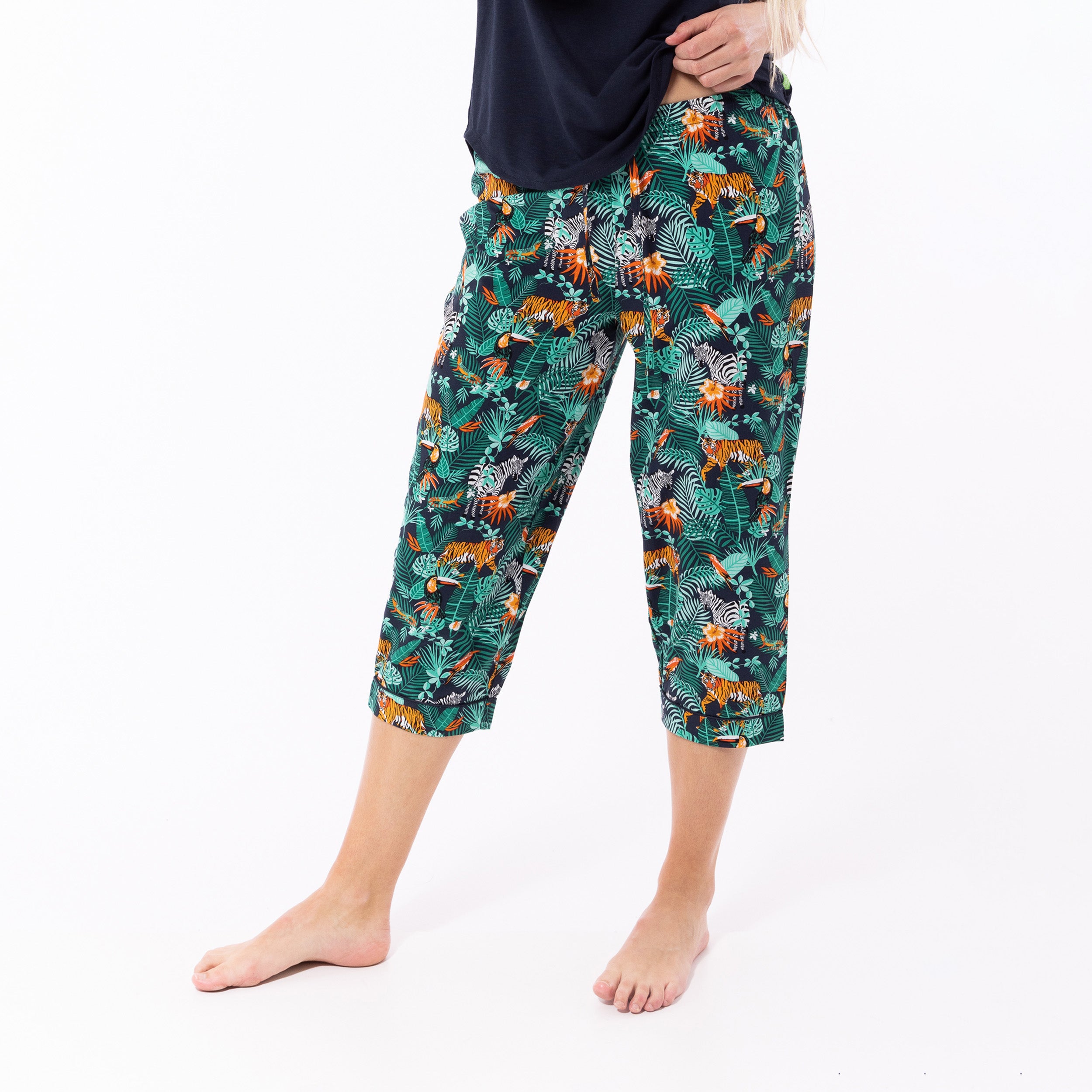 Women's Dark Jungle Woven Pant and Knit Tee Pyjama Set - Navy - Image 2