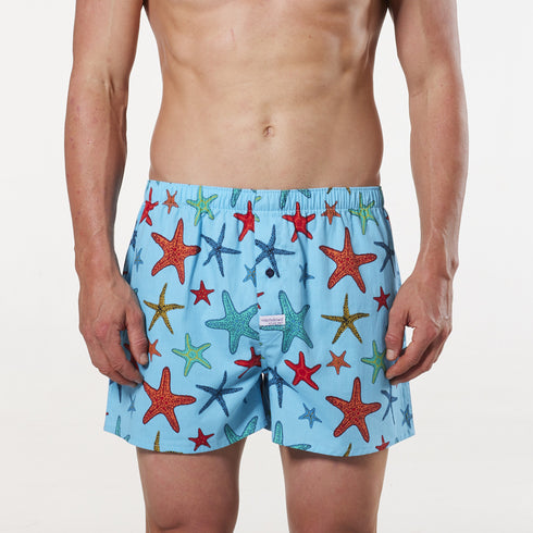 Men's Star Fish Cotton Printed Woven Boxer Shorts - Blue