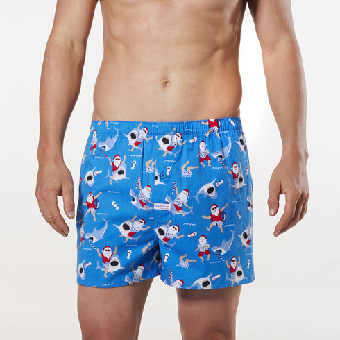 Men's Surfs Up Santa Cotton Boxer Shorts with Santa Hat Gift - Blue