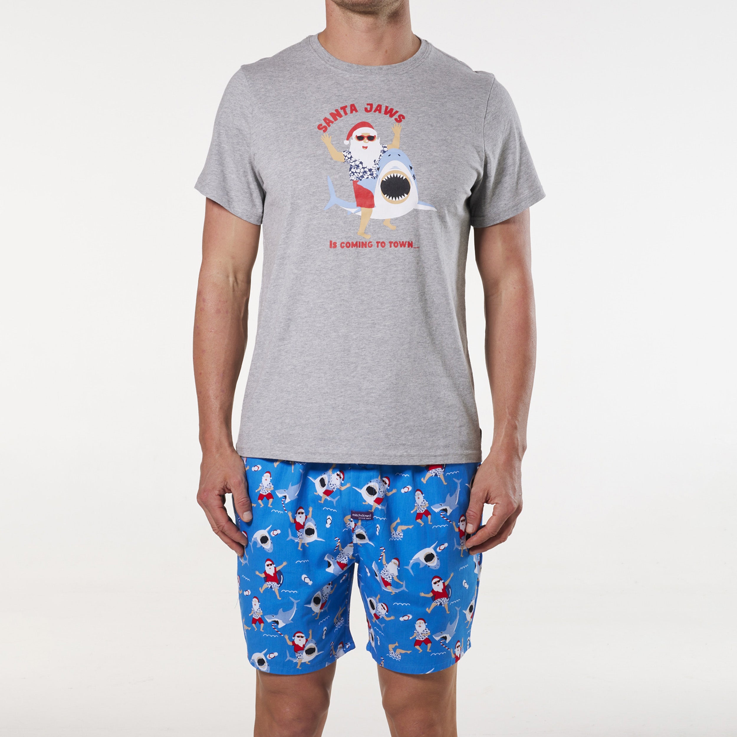Men's Christmas Surfs Up Santa Cotton Printed Woven Pyjama Set - Grey Marle - Image 1