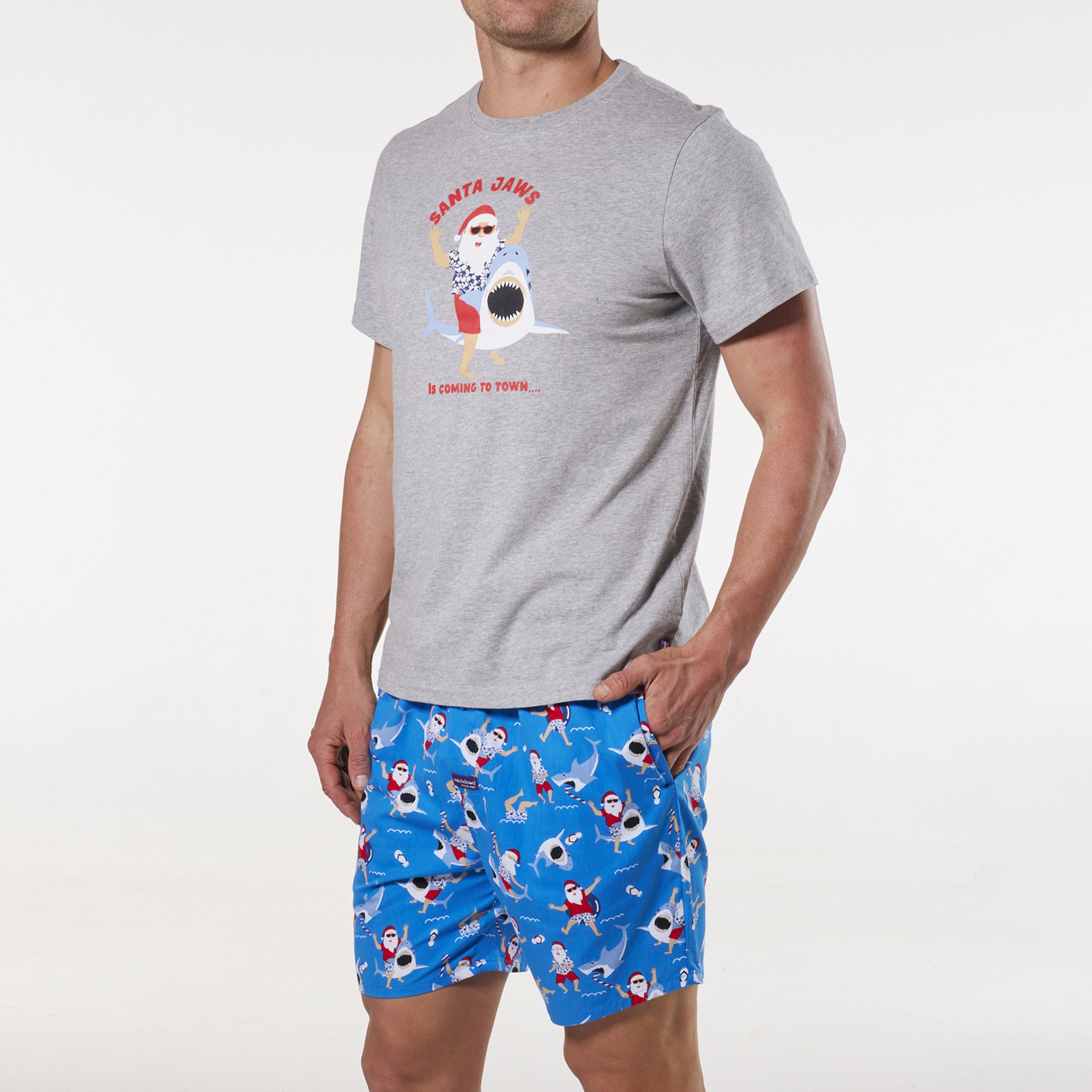 Men's Christmas Surfs Up Santa Cotton Printed Woven Pyjama Set - Grey Marle - Image 2