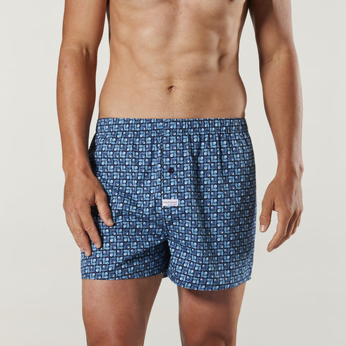 Men's Tulip Geo Cotton Boxer Shorts - Blue