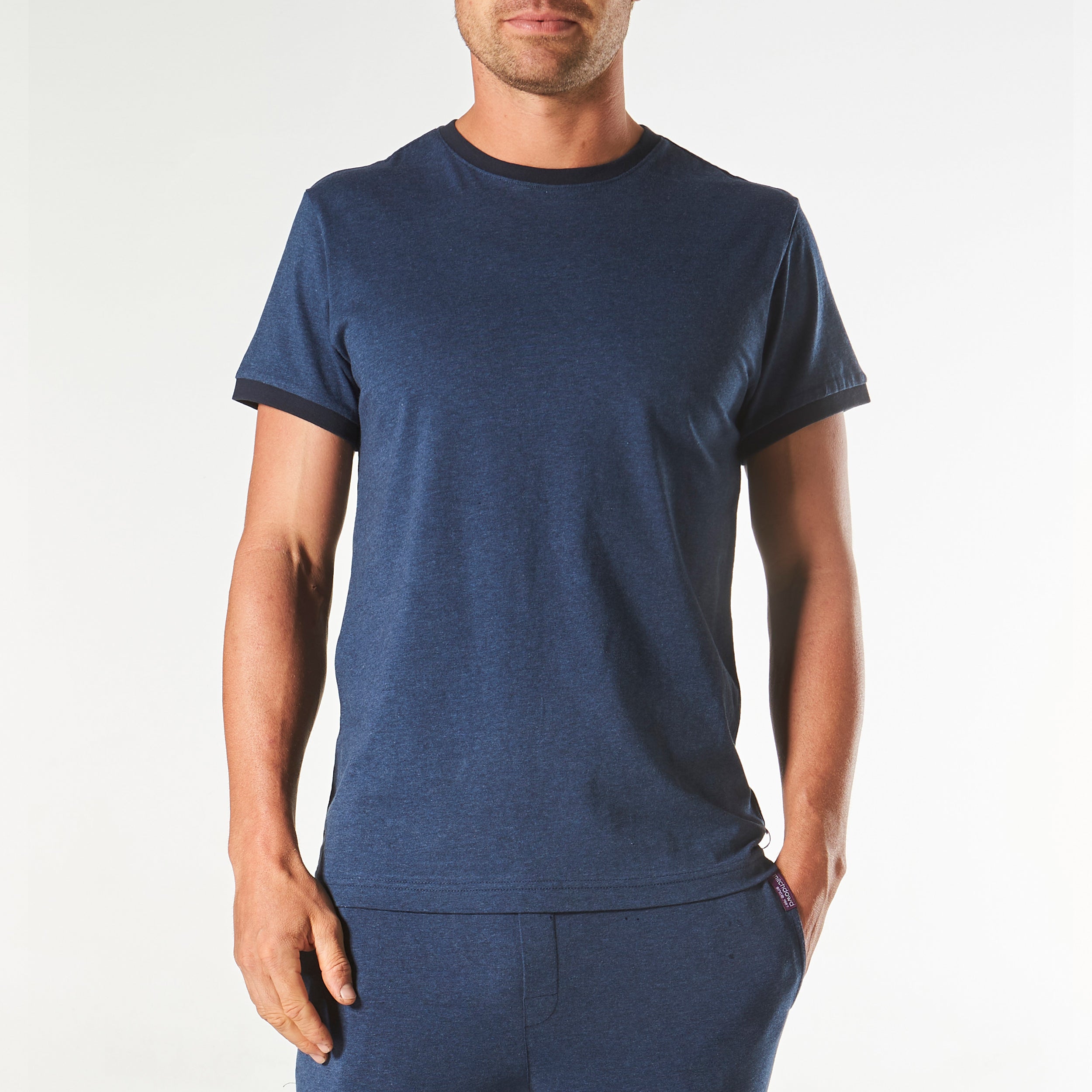 Men's Short Sleeve Contrast Cotton Sleep Tee - Denim Marle - Image 1