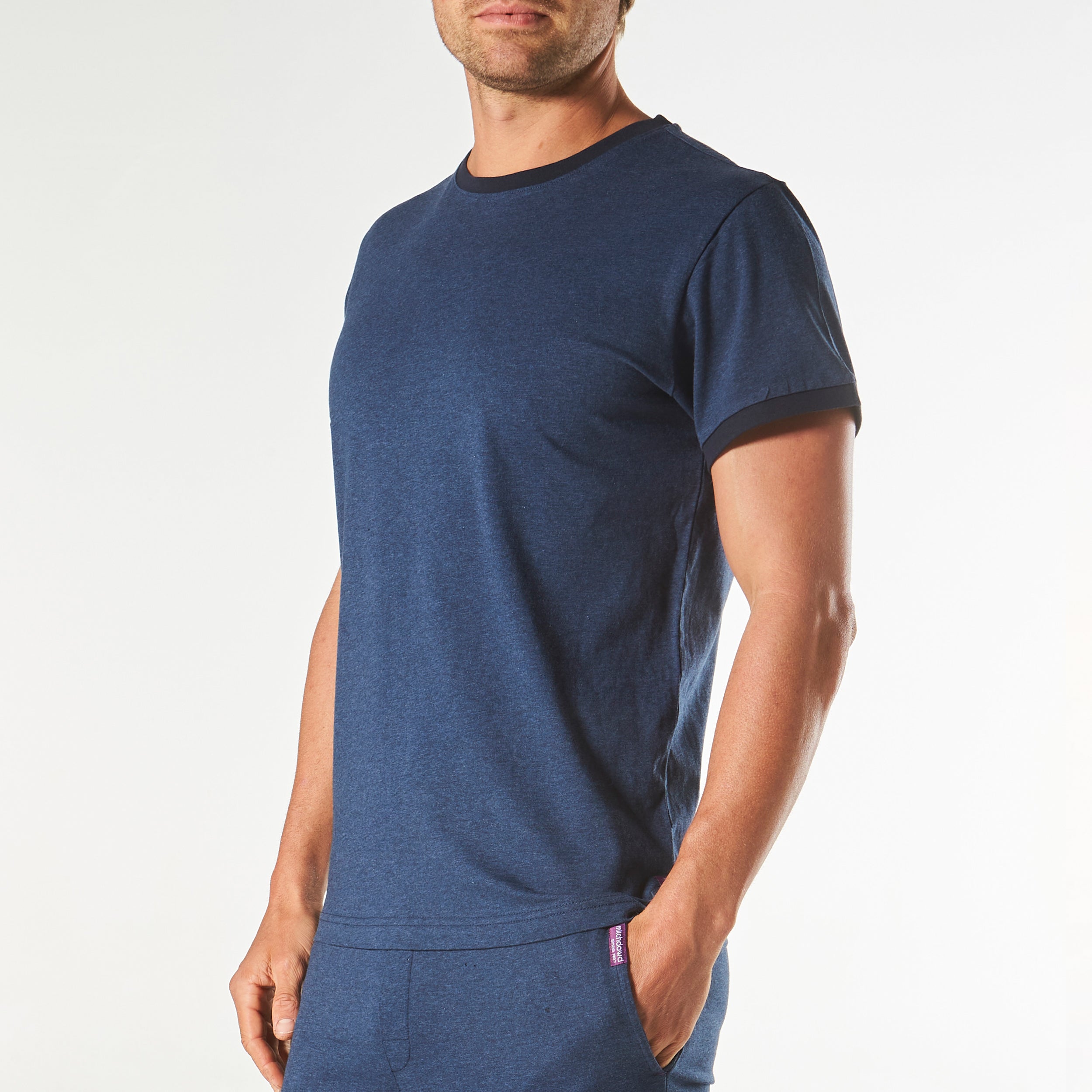 Men's Short Sleeve Contrast Cotton Sleep Tee - Denim Marle - Image 2