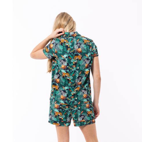 Women's Dark Jungle Woven Shortie Pyjama Set - Green