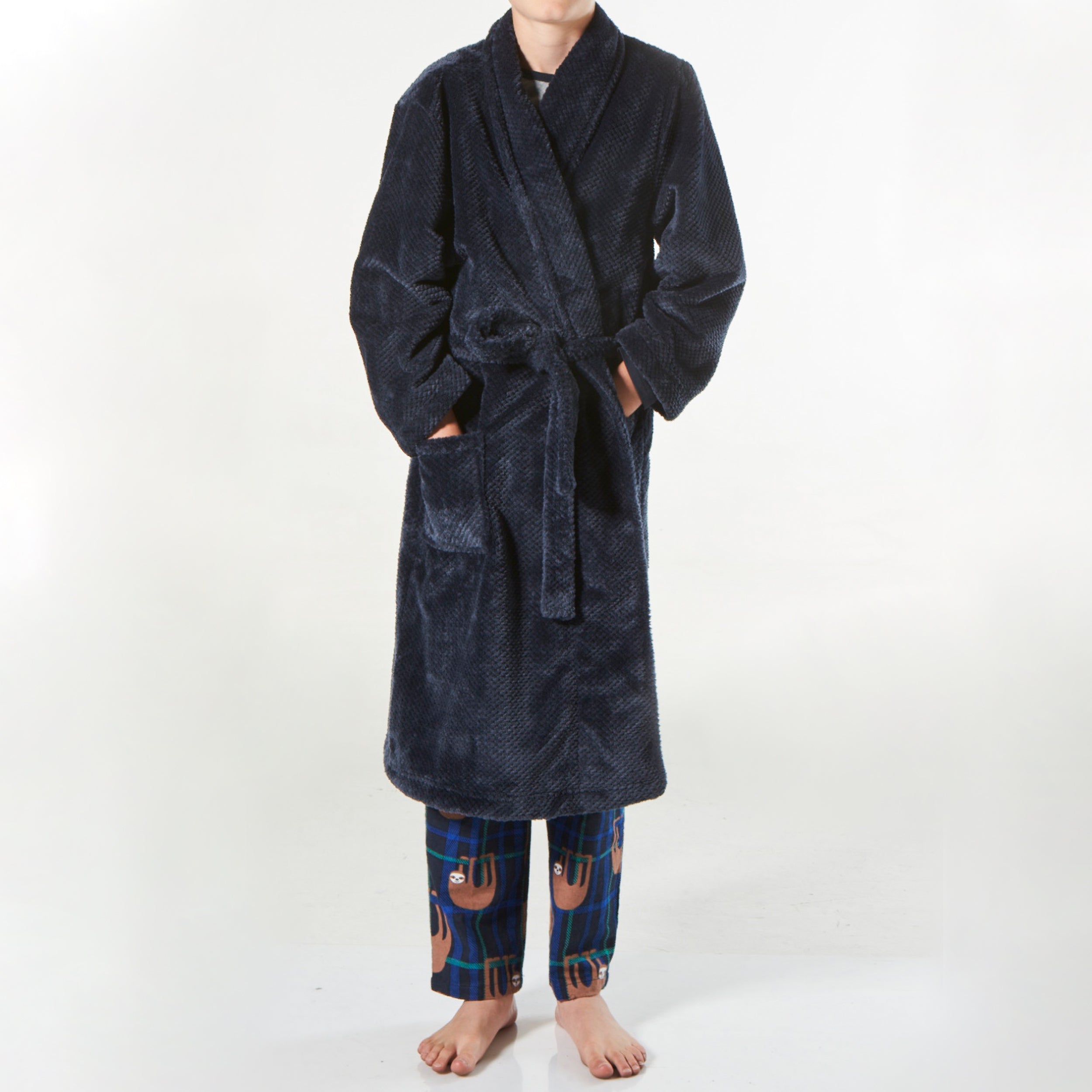 Boy's Waffle Texture Coral Fleece Robe - Navy - Image 1