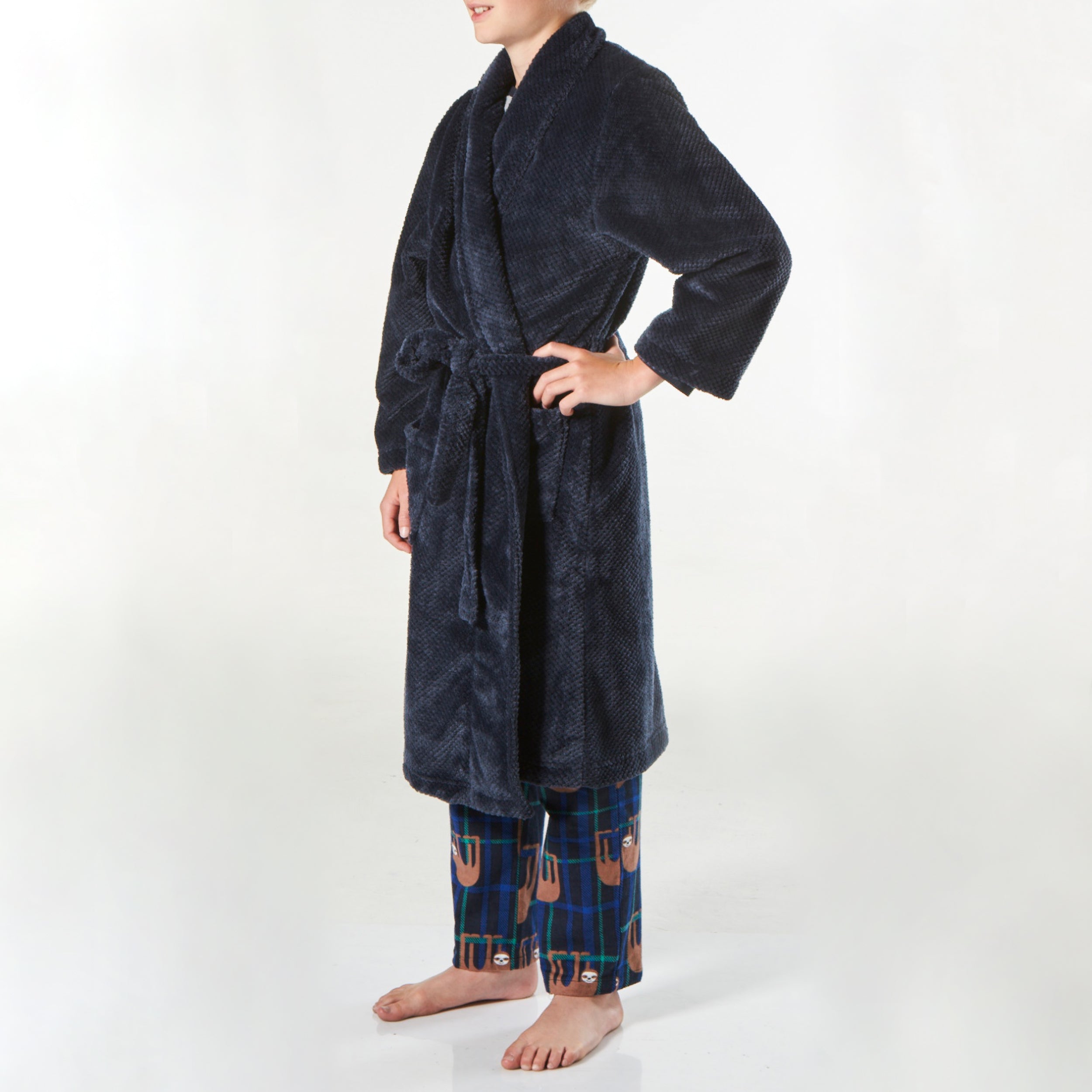 Boy's Waffle Texture Coral Fleece Robe - Navy - Image 2